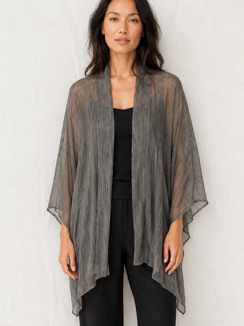 Eileen Fisher Sheer Crinkled Gray Kimono Cardigan